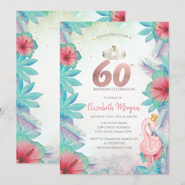 Tropiska Palmblad Hibiskus Rosa Flamingo 60-års Inbjudningar (Fram/baksida)