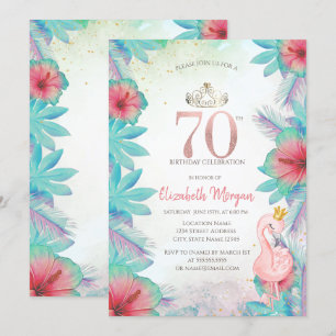 Tropiska Palmblad Hibiskus Rosa Flamingo 70-årsdag Inbjudningar