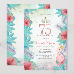 Tropiska Palmblad Hibiskus Rosa Flamingo 75-årsjub Inbjudningar