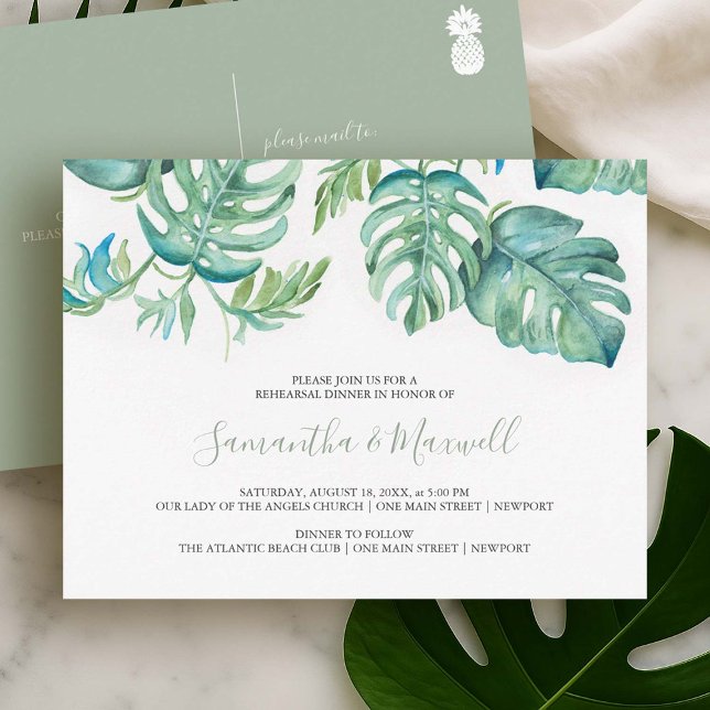 Tropiska Palmblad Övning Middagsinbjudan Vykort (Tropical rehearsal dinner invitation postcard with watercolor monstera palm leaves Do Tell A Belle)