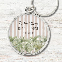 Tropiska palmer Beige ränder Strandhus Rund Silverfärgad Nyckelring
