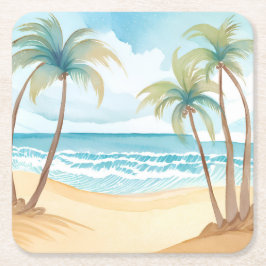 Tropiska Palmer | Bröllop med strandakvarell Underlägg Papper Kvadrat