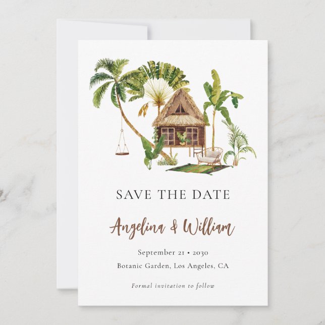 Tropiska palmer bröllop spara datum inbjudningar (Framsida)