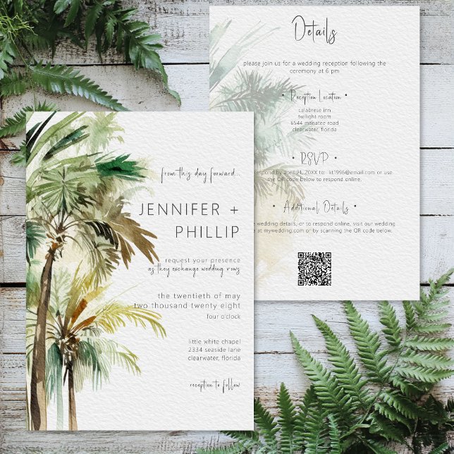 Tropiska palmer Moderna bröllop dubbelsidiga Inbjudningar (Tropical Palm Trees Modern Wedding Two Sided Invitation)