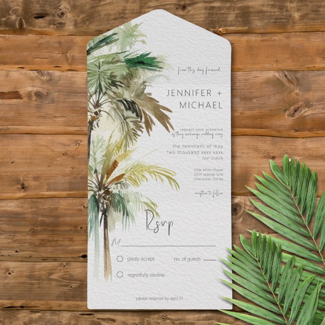Tropiska Palmer Moderna Ingen Middag (Tropical Palm Trees Modern All in One Wedding Invitation without Dinner Options)