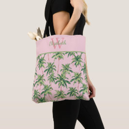Tropiska palmer på rosa monogram tygkasse