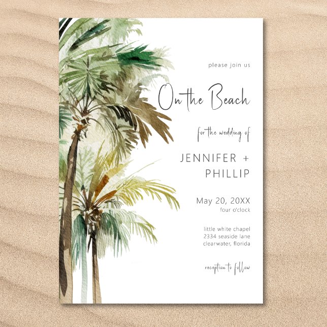 Tropiska palmer på stranden Modern bröllopsfest Inbjudningar (Palm Trees Modern On the Beach Wedding Invitation)
