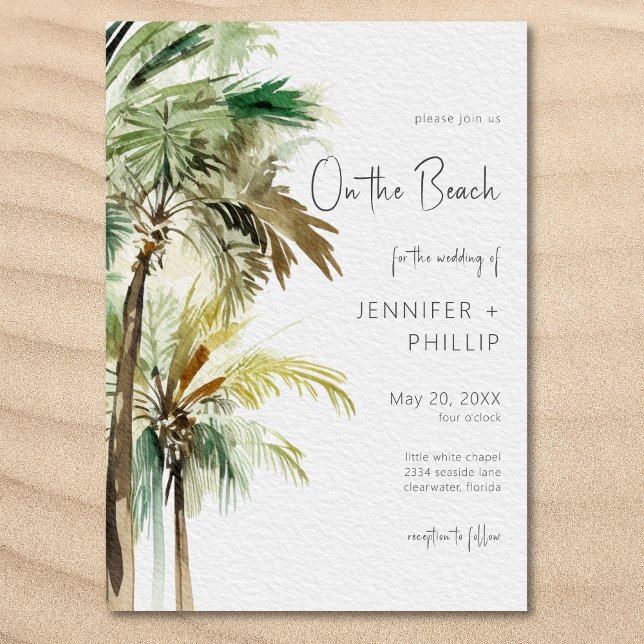 Tropiska palmer på stranden Modern bröllopsfest Inbjudningar (Palm Trees Modern On the Beach Wedding Invitation)