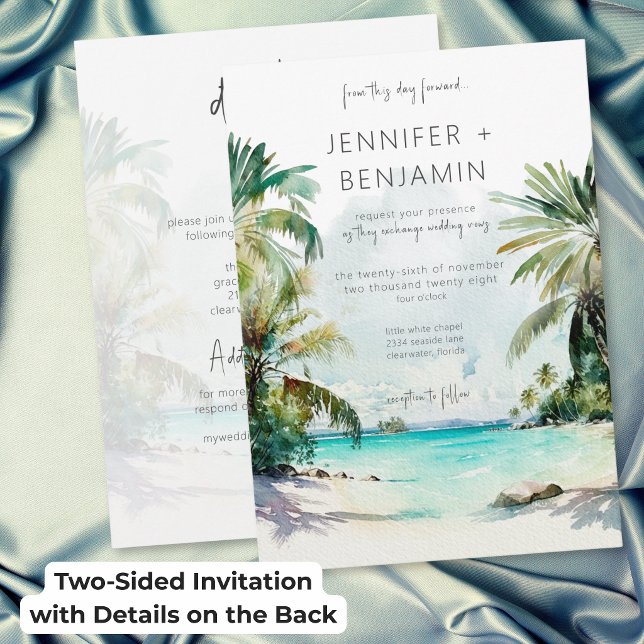 Tropiska palmer strand modern bröllopsinbjudan dub inbjudningar (Tropical Palm Trees Beach Modern Wedding Two Sided Invitation)