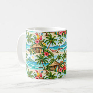Tropiska palmer, tiki-stugor, strandcocktail kaffemugg