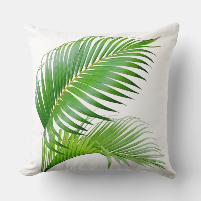 Tropiska palmgröna blad på vit kastkudde kudde (Framsida)