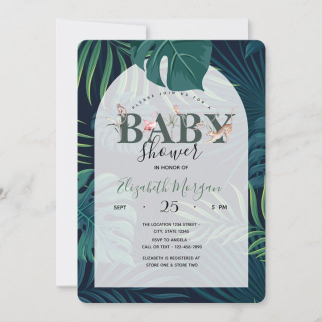 Tropiska palmlövar Djungeldjur Baby Shower Inbjudningar (Framsida)