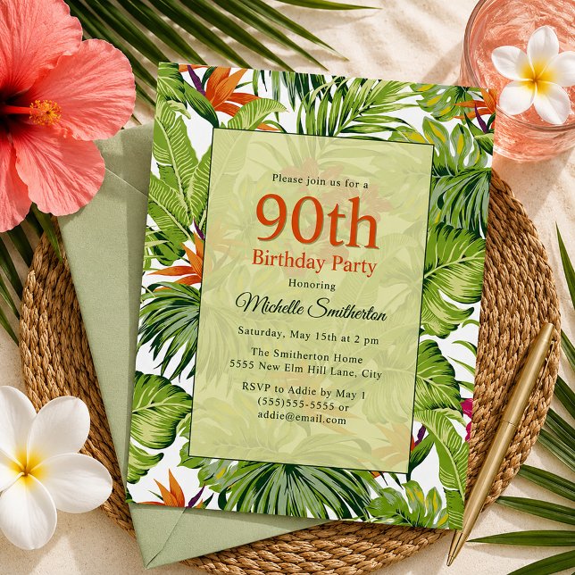 Tropiska palmlöven 90-årsdag inbjudningar (Tropical palm leaves 90th birthday party invitation)