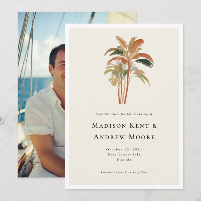 Tropiska Palmträd Akvarell Foto Bröllop Spara Datumet (Fram/baksida)