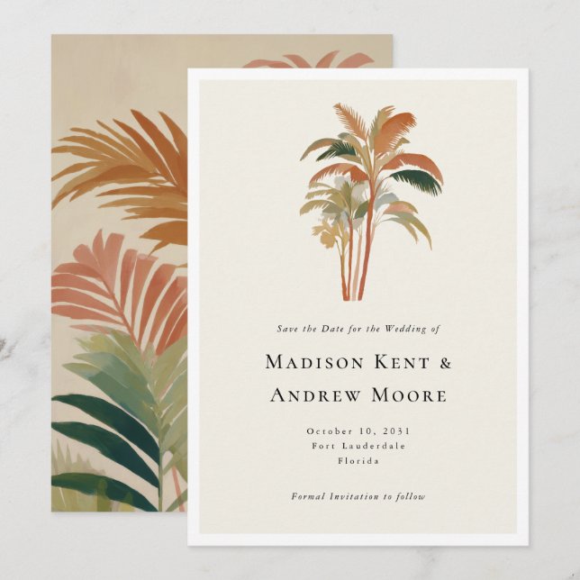Tropiska Palmträd Akvarell Pastell Boho Bröllop Spara Datumet (Fram/baksida)