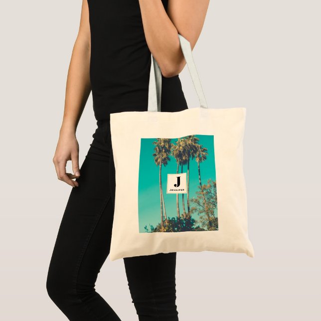 Tropiska Palmträd Retro Vibe Monogram Tygkasse (Framsida (produkt))