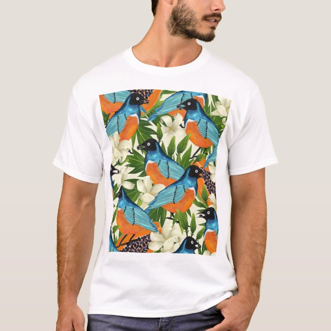Tropiska papaya och fågel mönster. t shirt (Framsida)