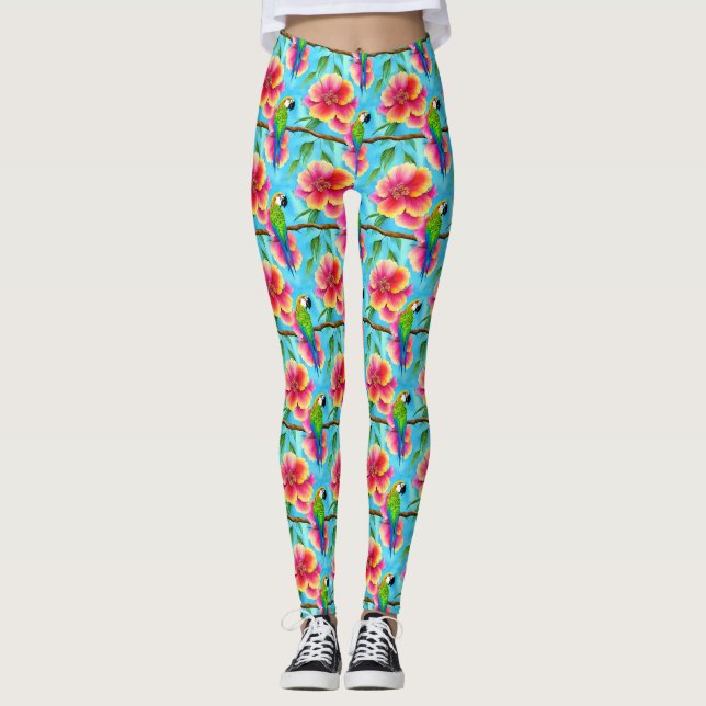 Tropiska papegoja och blommor Mönster Leggings (Framsida)