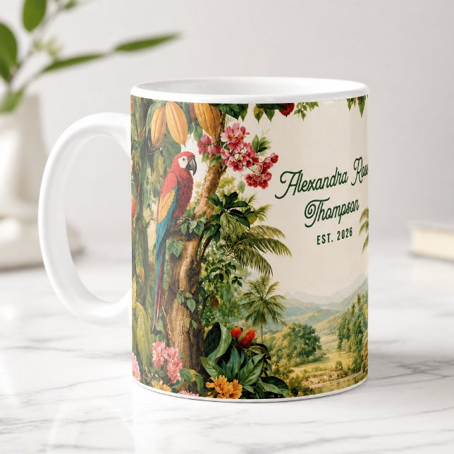 Tropiska papegojor Cacao Blomma Akvarell Namn Est. Kaffemugg (Skapare uppladdad)