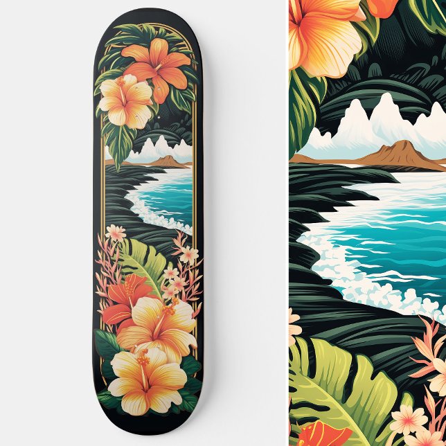 Tropiska paradise Beach & Flowers Art Mini Skateboard Bräda 18,5 Cm (Tropical Paradise Beach & Flowers Art Skateboard)