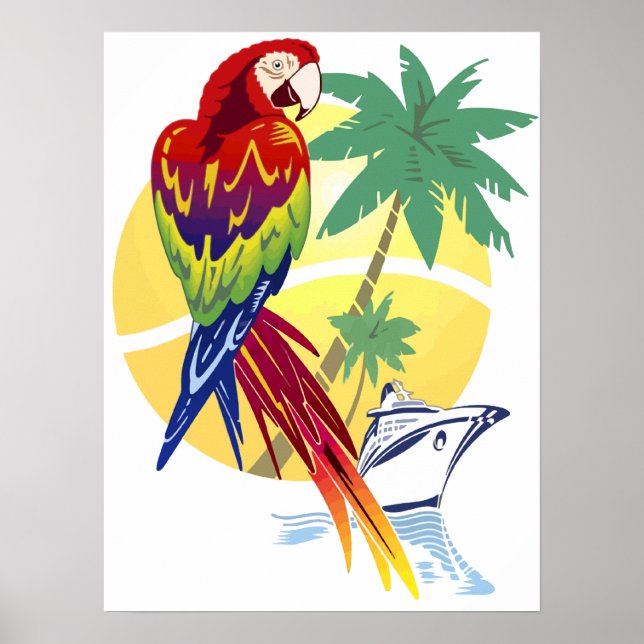 Tropiska paradise med Macaw och Cruise Frakt Poster (Framsidan)