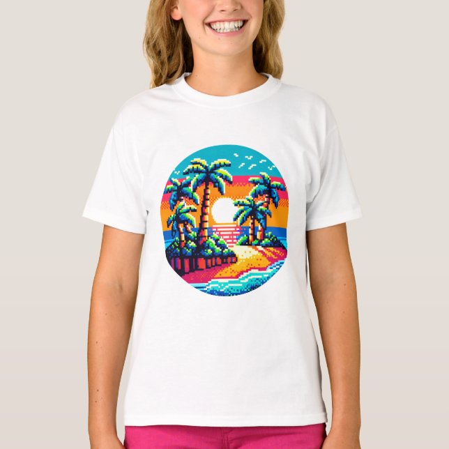 Tropiska paradiser för sunset Beach Relaxing Pixel T Shirt (Framsida)