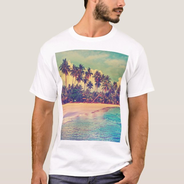 Tropiska paradiset: hav, hotell, strand. t shirt (Framsida)