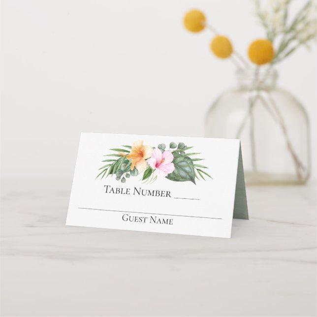 Tropiska paradiset Hibiscus och Handflatan Bröllop Placeringskort (Framsida)