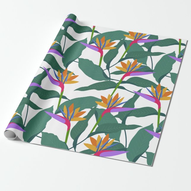 Tropiska paradisfågelsblommor mönstrade presentpapper (Utrullad)