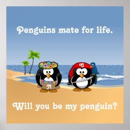 Tropiska Penguins Couple Hula Pirat Island Beach Poster