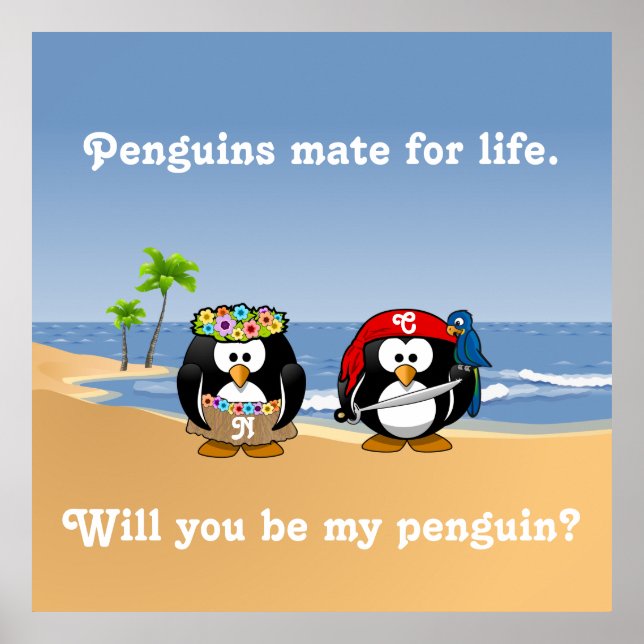 Tropiska Penguins Couple Hula Pirat Island Beach Poster (Framsidan)