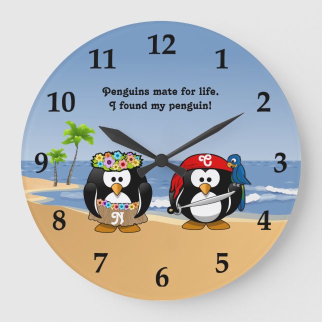 Tropiska Penguins Couple Hula Pirat Island Beach Stor Klocka (Framsida)