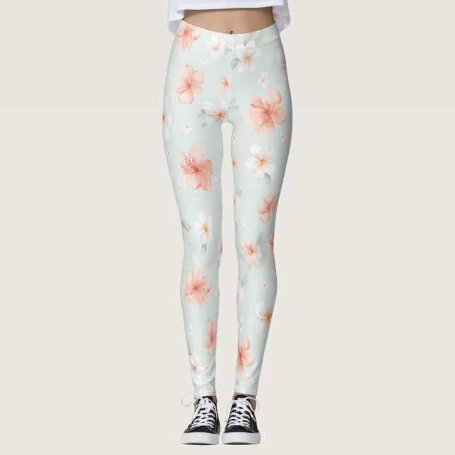 Tropiska Persika Vita Hibiskusblommor Leggings (Framsida)
