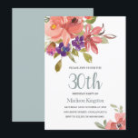 Tropiska persikoblommor 30års födelsedag Party Inb Inbjudningar<br><div class="desc">Tropiska persikoblommor 30års födelsedag Party Inbjudan Vacker lax Peach Lila Blommigt Watercolor Teal Background. Se matchande samling i Niche och Nest Store</div>