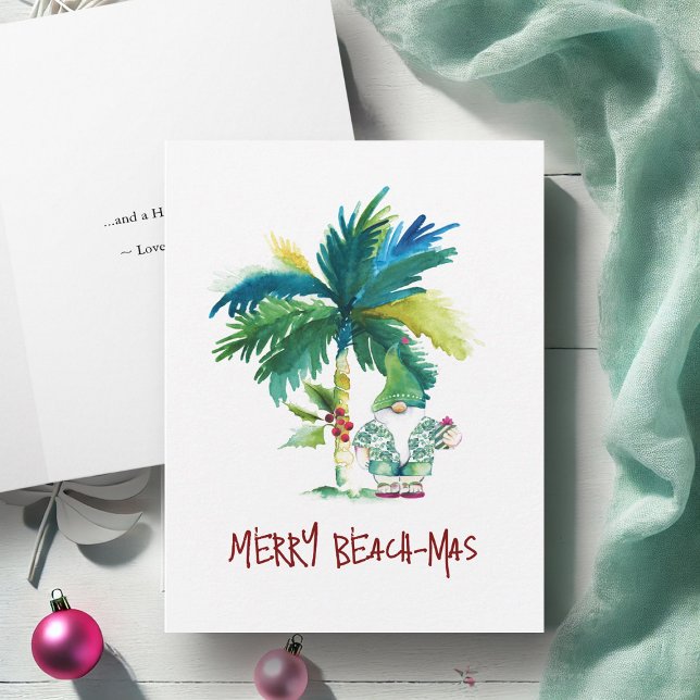 Tropiska persikofärgade julkort med kantad färg helgkort (Watercolor Christmas cards Florida or Hawaiian beach palm tree Victoria Grigaliunas DoTellABelle)