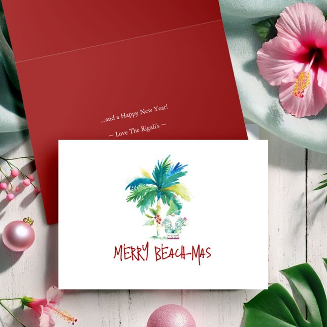 Tropiska persikofärgade julkort med kantad färg helgkort (Tropical beach folded Christmas cards palm tree and Santa art Victoria Grigaliunas beachmas)