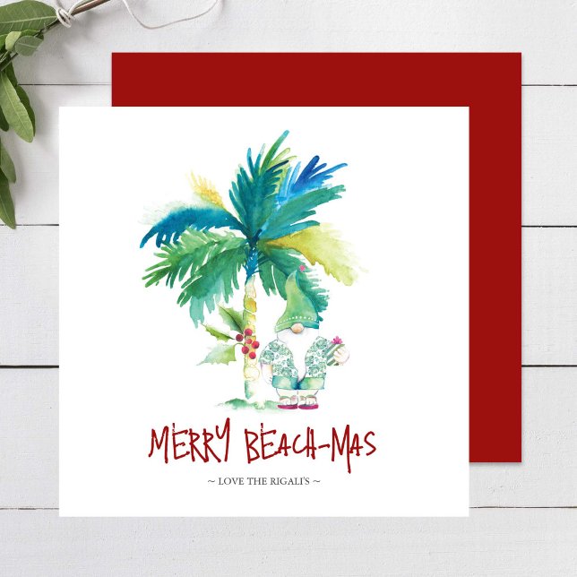 Tropiska persikokort anteckningskort (Tropical beach Christmas cards feature unique palm tree & elf watercolor art by Victoria Grigaliunas)