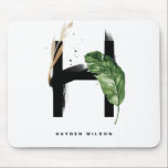 Tropiska Personligen Handflatan Löv Brev H Monogra Musmatta<br><div class="desc">Anpassade brev H i monogram mousserande med vattenfärgade tropiska handflatan löv,  faux guld foil löv och svarta vattenfärgshålstensaccenter. Anpassa denna tropiska monogrammuskulatur med ditt namn eller andra detaljer. Denna boho brev H monogram mousserande kommer att vara en perfekt som gåva. Andra brev finns tillgängliga.</div>