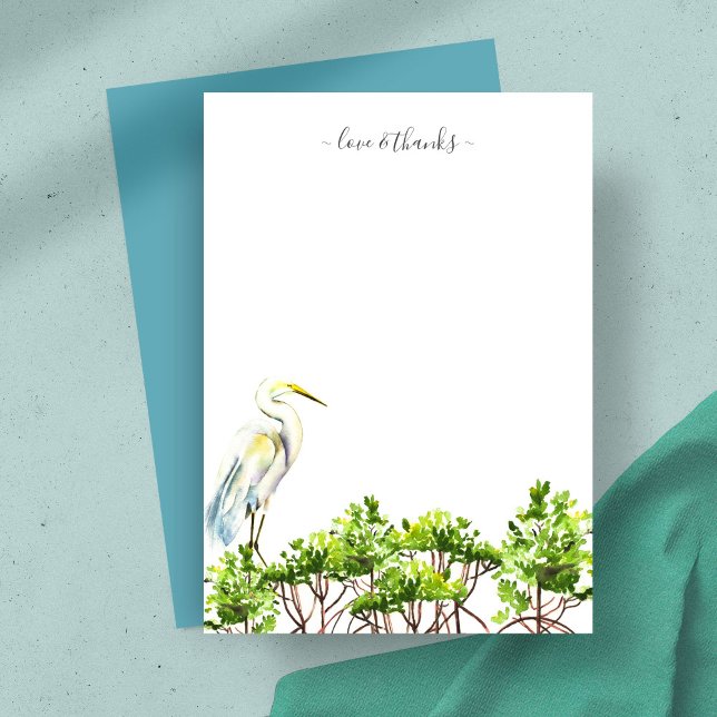 Tropiska Personliger för vattenfärg Anteckningskort (Thank you card features tropical watercolor art by Victoria Grigaliunas great white heron mangroves)