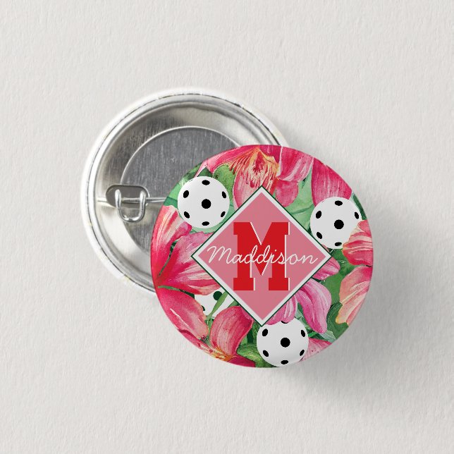 🌺 Tropiska pickleball med hibiscus, med namn Knapp (Framsida & baksida)
