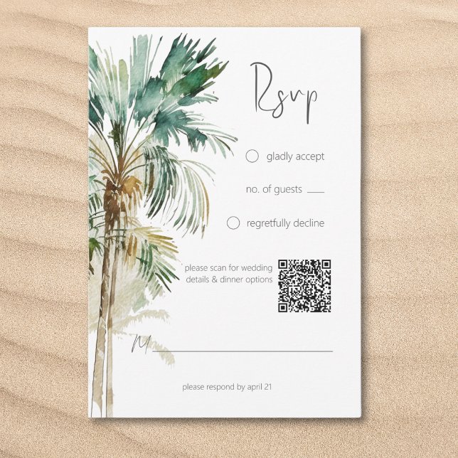 Tropiska QR-koden för Handflatan i Modern Bröllop OSA Kort (Tropical Palm Trees Modern Wedding QR Code RSVP Card)