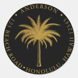 Tropiska Returadressen Handflatan Träd Guld & Blac Runt Klistermärke
