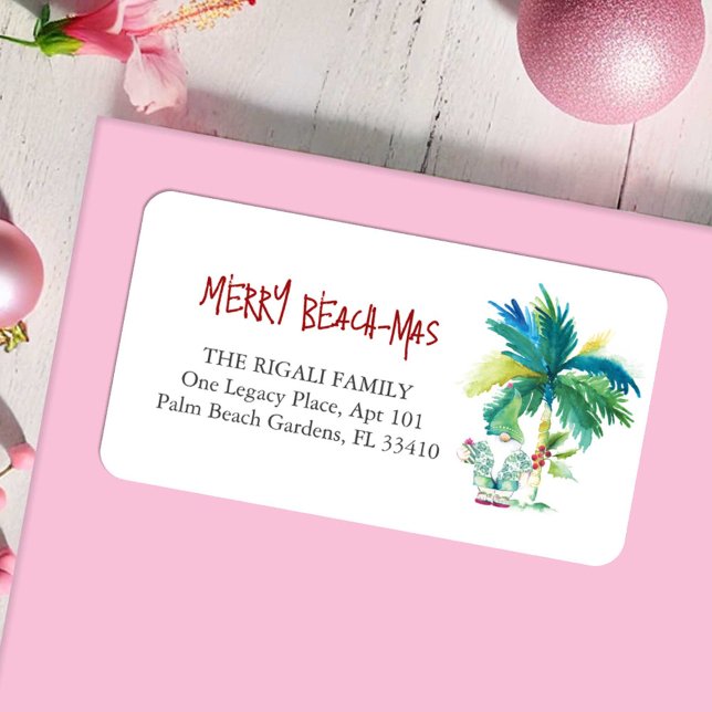 Tropiska Returetiketter vid jul Adressetikett (Christmas return address labels beach-mas watercolor art by Victoria Grigaliunas Do Tell A Belle)