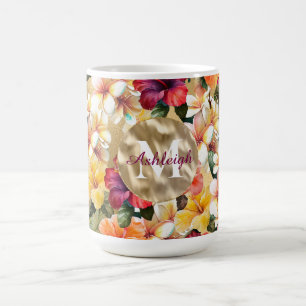 Tropiska röda Gulten Hibiscus Flowers Monogram Kaffemugg