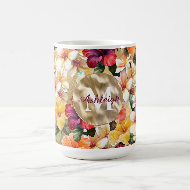 Tropiska röda Gulten Hibiscus Flowers Monogram Kaffemugg (Center)