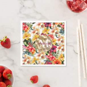 Tropiska röda Gulten Hibiscus Flowers Monogram Pappersservett