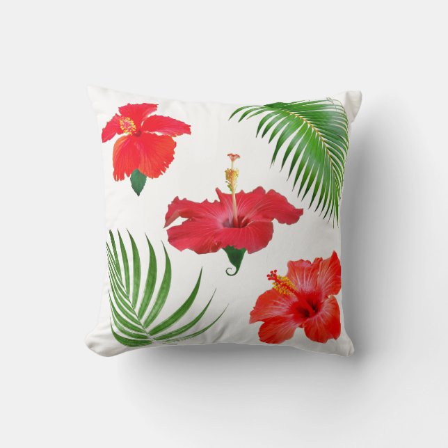 Tropiska röda hibiskusblommor & palmblad kudde (Framsida)