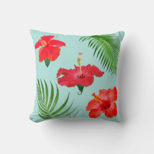 Tropiska röda hibiskusblommor & palmbladskast  kudde