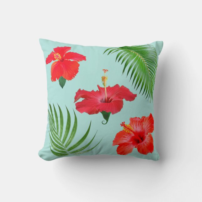 Tropiska röda hibiskusblommor & palmbladskast  kudde (Framsida)