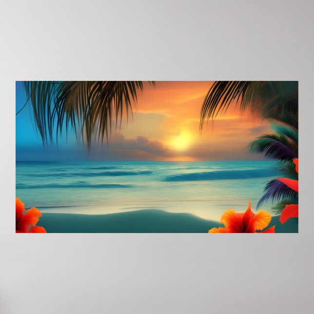 Tropiska röda hibiskusblommor Strand hav palmer Poster (Framsidan)